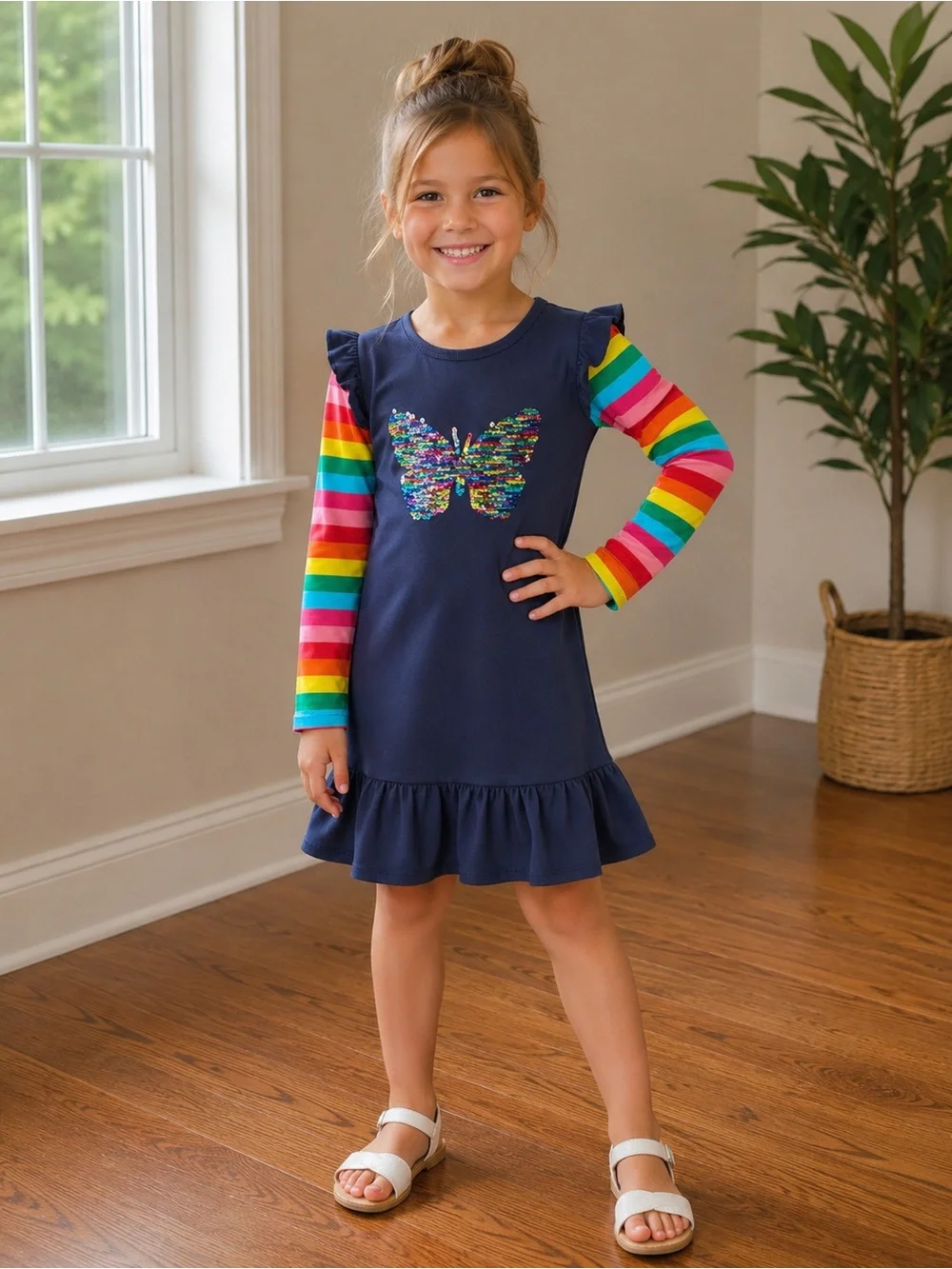 Girls' Navy Butterfly Sequin Dress with Rainbow Sleeves